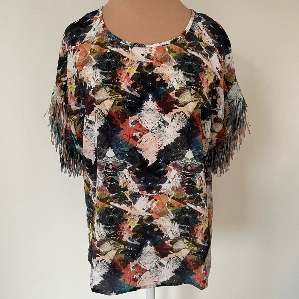 Marie Oliver 100% Silk Multicolor Print Fringe Short Sleeve Crewneck Top EUC S